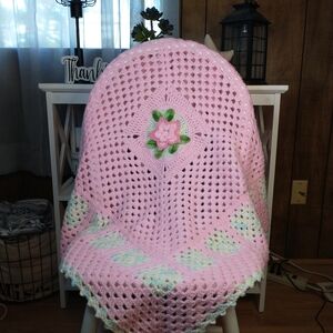 New Hand Crocheted Baby Girl Pink Blanket with a Floral Applique
